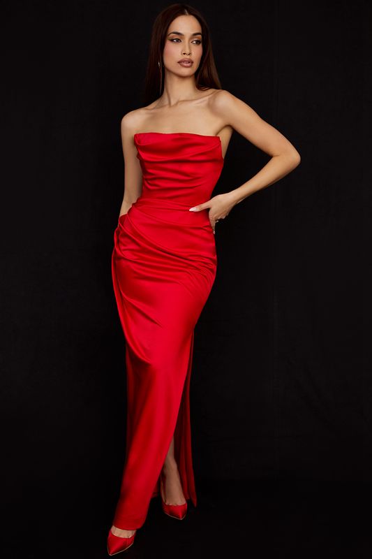 Peignoir House Of Cb Satin Strapless Gown Rouge Foncé | AIE-730459