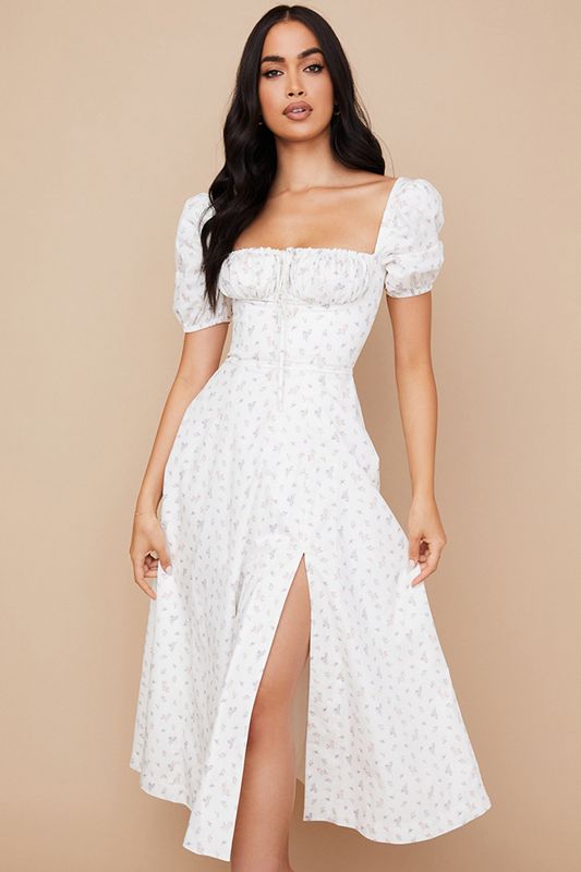 Robe Mi-longue House Of Cb Floral Puff Sleeve Blanche | CSZ-374960