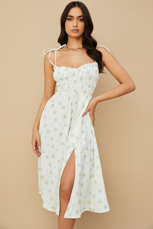Robe Mi-longue House Of Cb Floral Shirred Blanche | QJK-195370