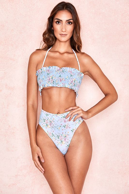 Bikini House Of Cb Floral Print Shirred Bleu | BSU-107439