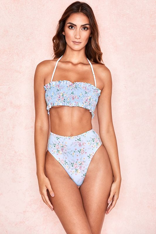 Bikini House Of Cb Floral Print Shirred Bleu | BSU-107439