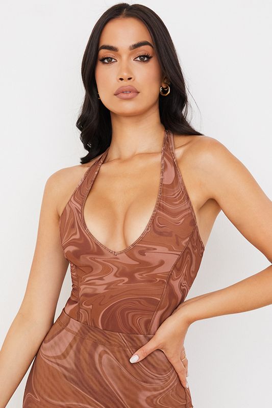 Body House Of Cb Swirl Print Halter Marron | LZU-654102