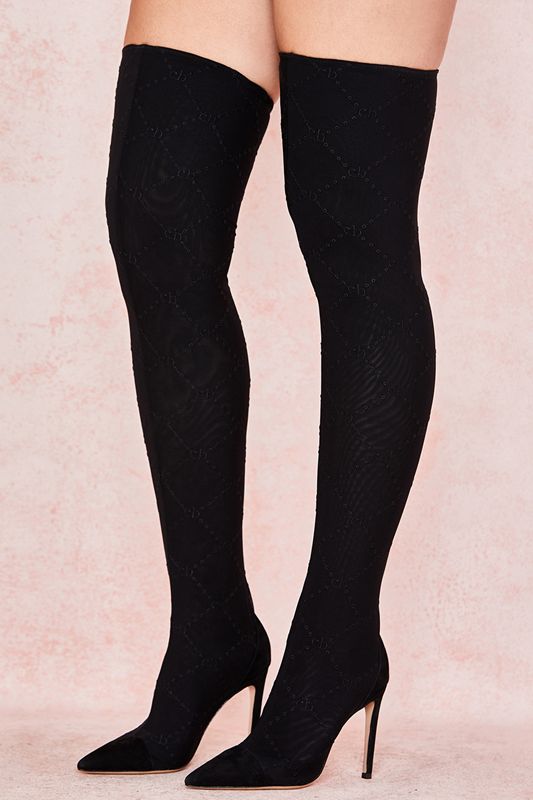 Bottes House Of Cb Mesh Monogrammed Thigh Noir | FKJ-731928