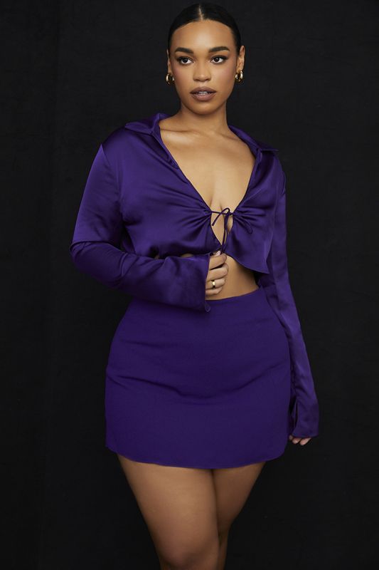 Cardigan House Of Cb Satin Cropped Tie Front Violette | KTF-723941