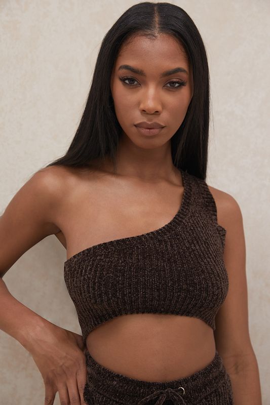 Hauts House Of Cb Chenille One Shoulder Crop Chocolat | HAV-893071