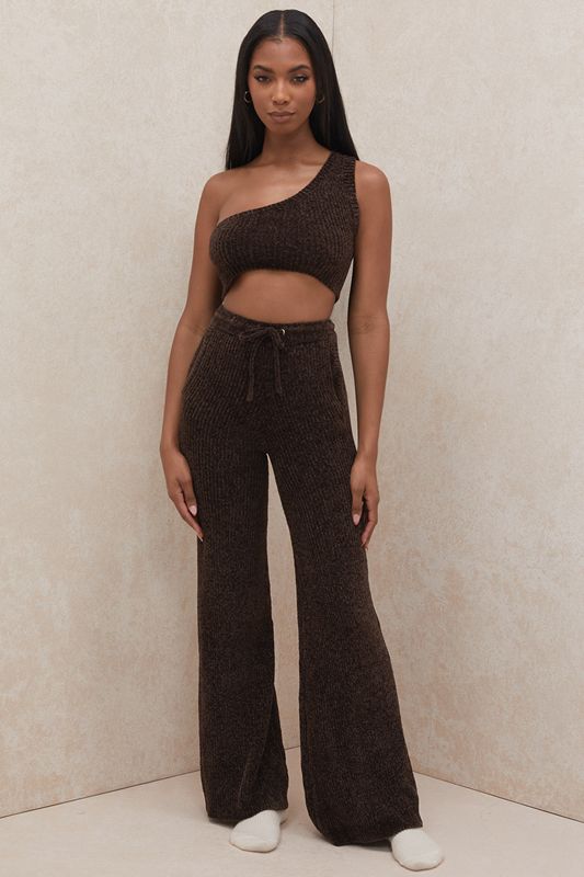 Hauts House Of Cb Chenille One Shoulder Crop Chocolat | HAV-893071