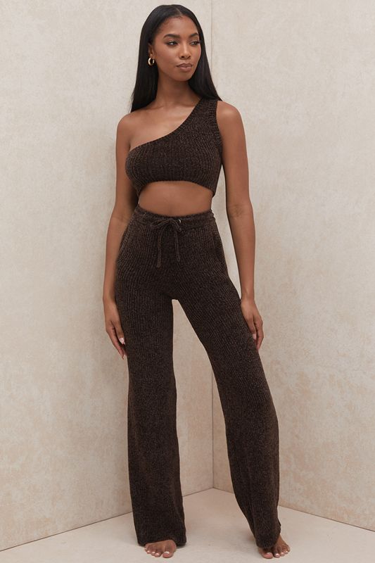 Hauts House Of Cb Chenille One Shoulder Crop Chocolat | HAV-893071