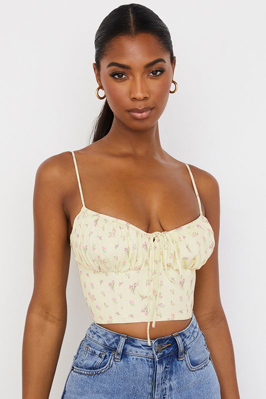 Hauts House Of Cb Ditsy Floral Gathered Bustier Citron | HFA-034218