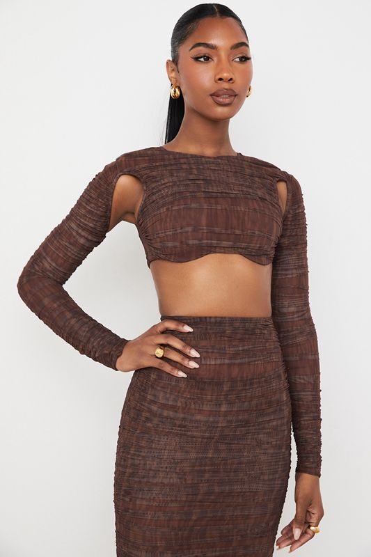 Hauts House Of Cb Print Ruched Mesh Cutout Cropped Chocolat | ZGN-851342