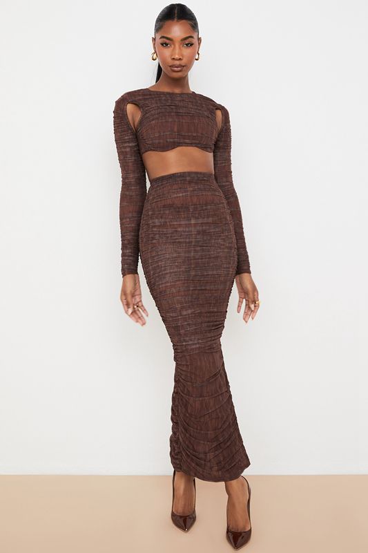 Hauts House Of Cb Print Ruched Mesh Cutout Cropped Chocolat | ZGN-851342