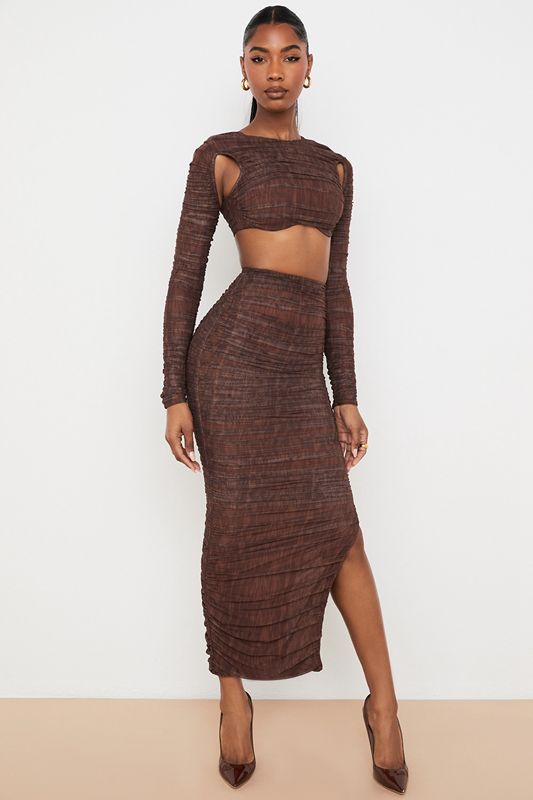 Hauts House Of Cb Print Ruched Mesh Cutout Cropped Chocolat | ZGN-851342