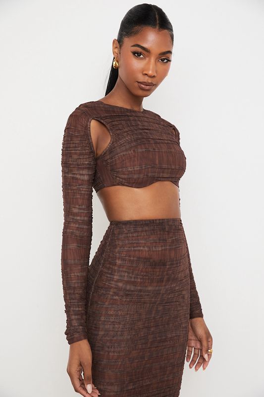 Hauts House Of Cb Print Ruched Mesh Cutout Cropped Chocolat | ZGN-851342