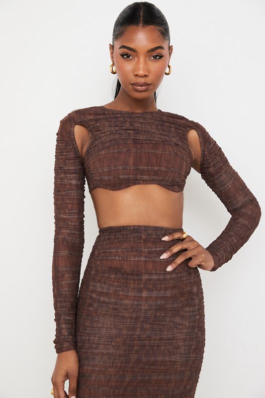 Hauts House Of Cb Print Ruched Mesh Cutout Cropped Chocolat | ZGN-851342