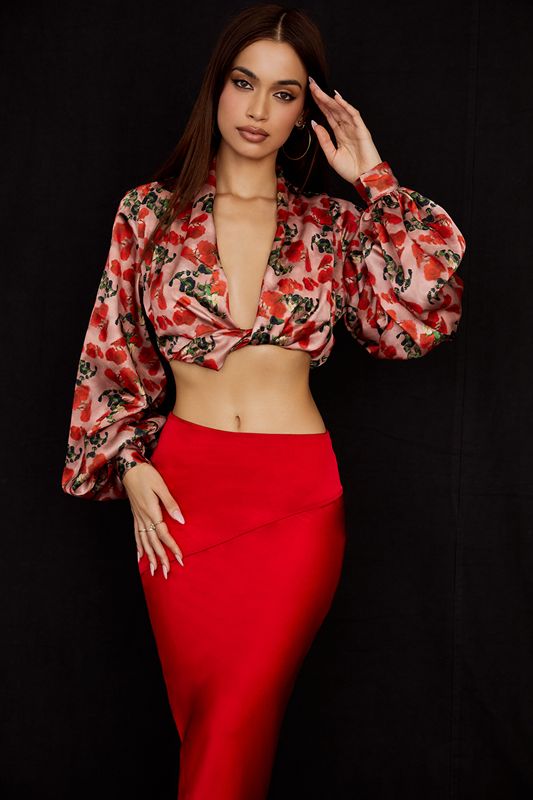 Hauts House Of Cb Print Satin Plunge Rose | AKT-234796