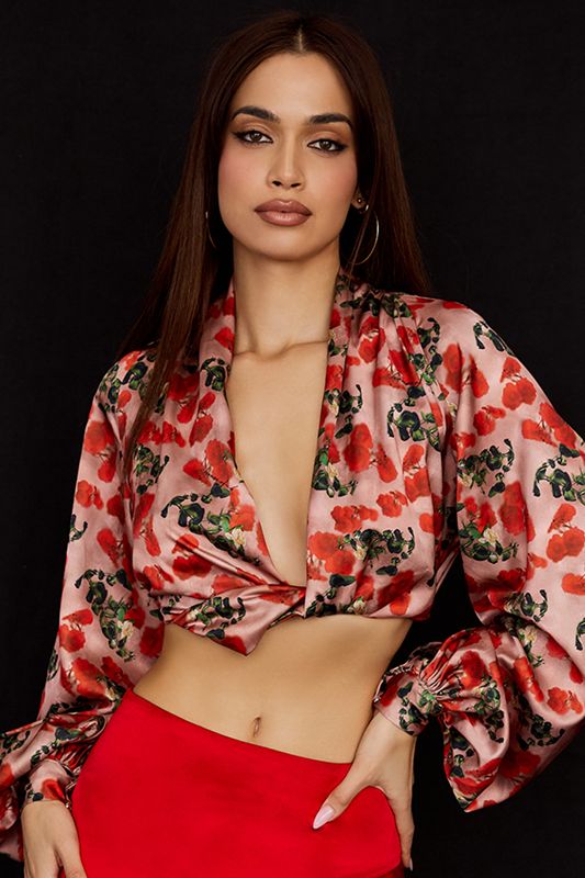 Hauts House Of Cb Print Satin Plunge Rose | AKT-234796