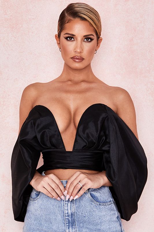 Hauts House Of Cb Satin Plunge Off Shoulder Bustier Noir | AGP-483075