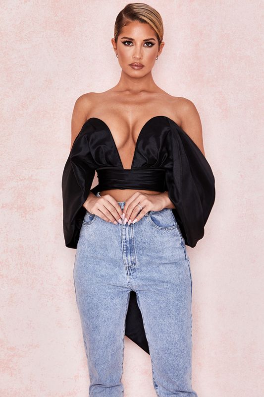 Hauts House Of Cb Satin Plunge Off Shoulder Bustier Noir | AGP-483075