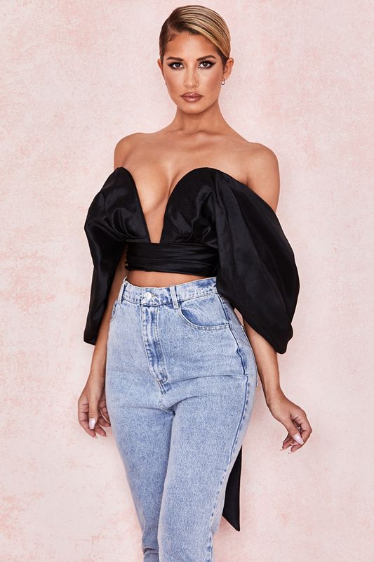 Hauts House Of Cb Satin Plunge Off Shoulder Bustier Noir | AGP-483075