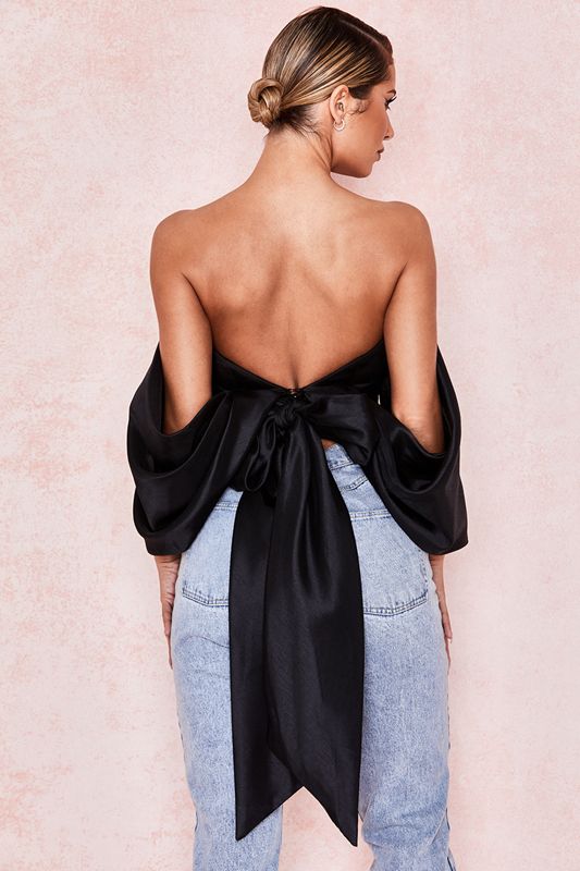 Hauts House Of Cb Satin Plunge Off Shoulder Bustier Noir | AGP-483075