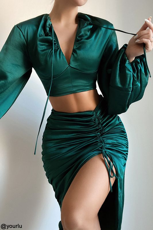 Jupe House Of Cb Green Satin Gathered Turquoise | HIG-915284