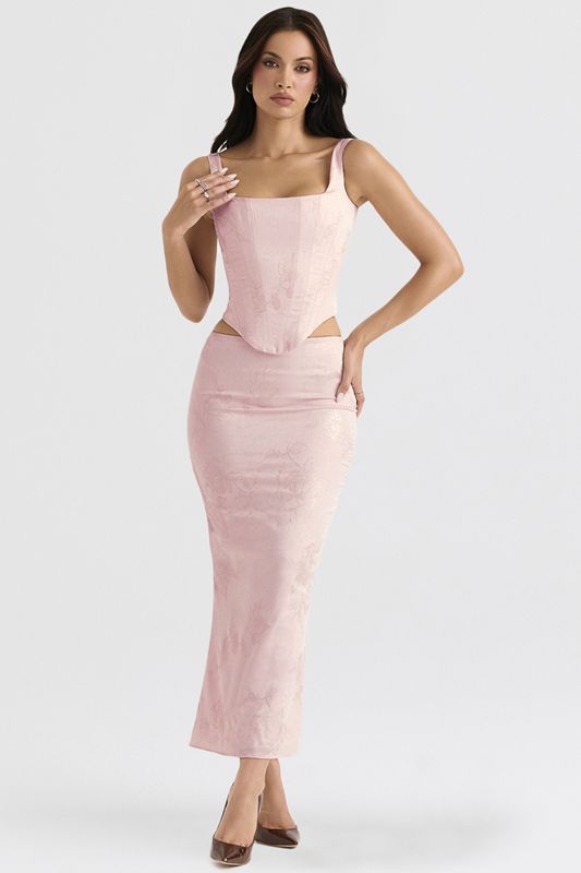 Jupe House Of Cb Metallic Floral Satin Midi Rose | ESR-576139