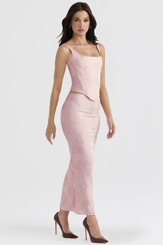 Jupe House Of Cb Metallic Floral Satin Midi Rose | ESR-576139