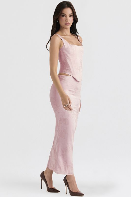 Jupe House Of Cb Metallic Floral Satin Midi Rose | ESR-576139