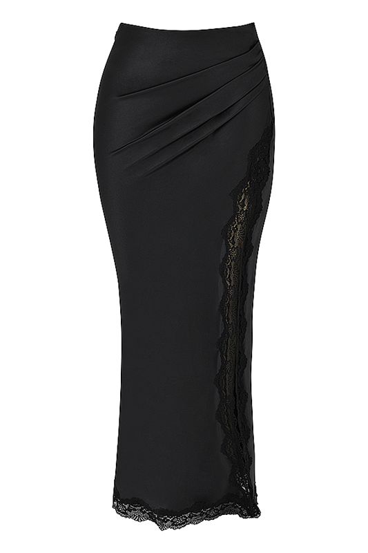 Jupe House Of Cb Satin Dentelle Trim Midi Noir | UNO-743865