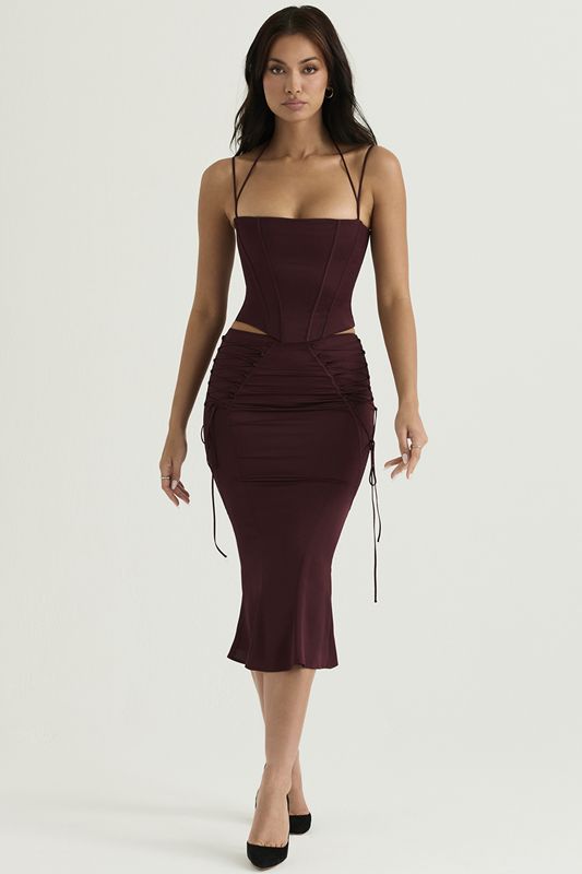 Jupe House Of Cb Satin Dentelle Up Midi Bordeaux | CIV-714968