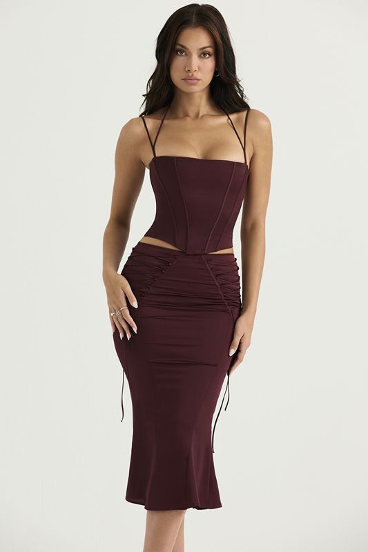 Jupe House Of Cb Satin Dentelle Up Midi Bordeaux | CIV-714968