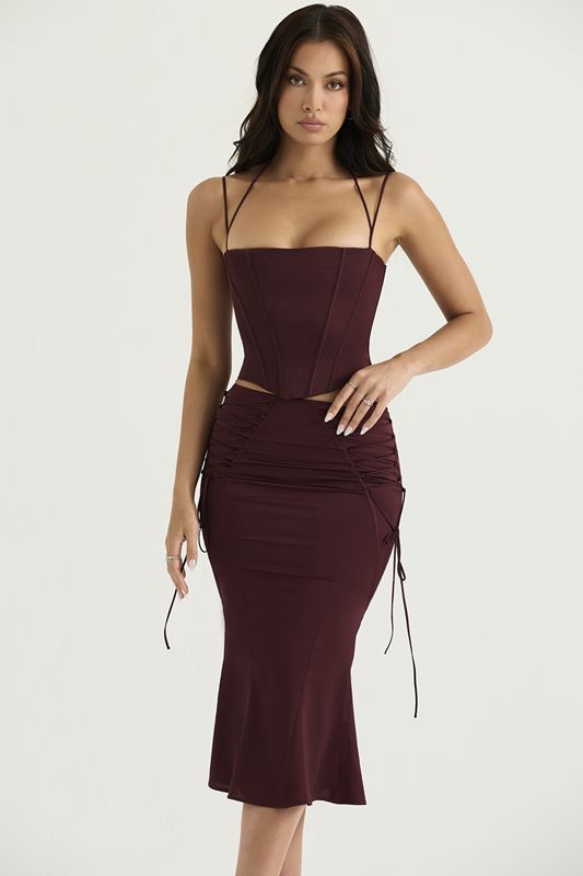 Jupe House Of Cb Satin Dentelle Up Midi Bordeaux | CIV-714968