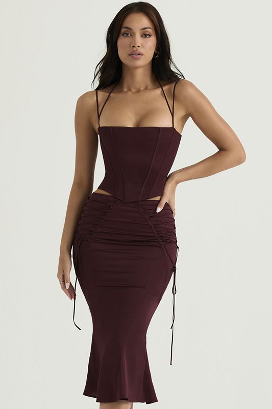 Jupe House Of Cb Satin Dentelle Up Midi Bordeaux | CIV-714968