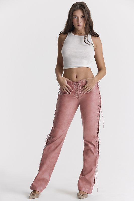 Pantalon House Of Cb Pink Vegan Cuir Dentelle Ups Rose | PKT-628073