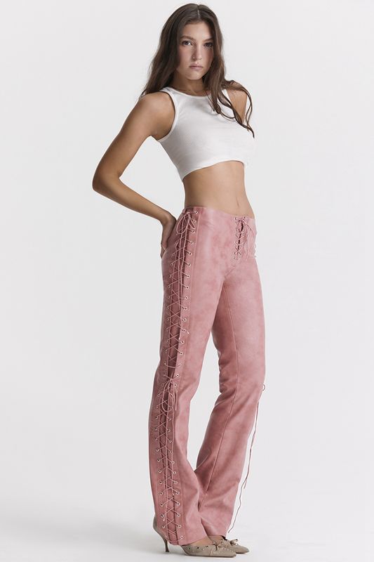 Pantalon House Of Cb Pink Vegan Cuir Dentelle Ups Rose | PKT-628073