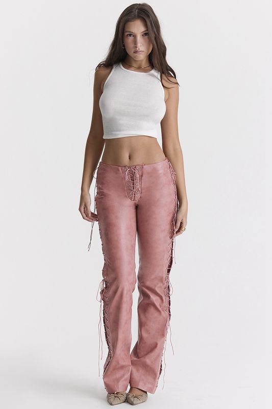 Pantalon House Of Cb Pink Vegan Cuir Dentelle Ups Rose | PKT-628073