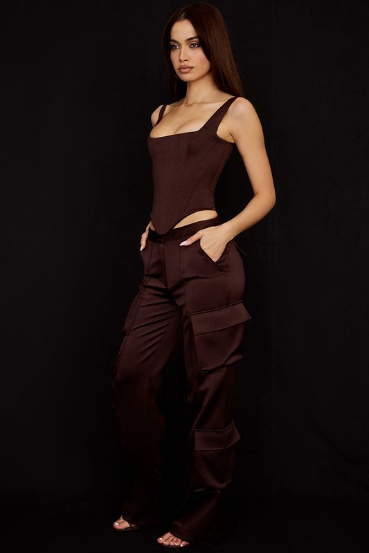 Pantalon House Of Cb Satin Cargos Chocolat | KGZ-029368