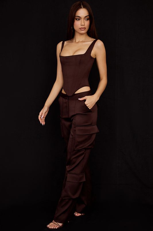 Pantalon House Of Cb Satin Cargos Chocolat | KGZ-029368