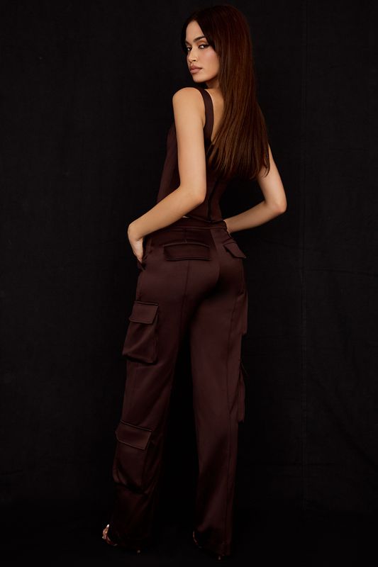 Pantalon House Of Cb Satin Cargos Chocolat | KGZ-029368