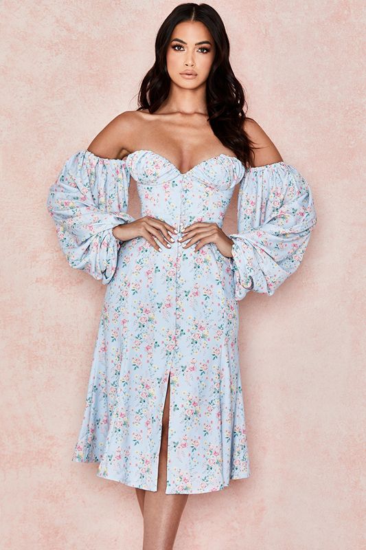 Peignoir House Of Cb Floral Bardot Midi Bleu | RZF-965840