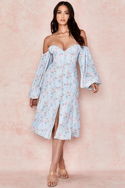 Peignoir House Of Cb Floral Bardot Midi Bleu | RZF-965840