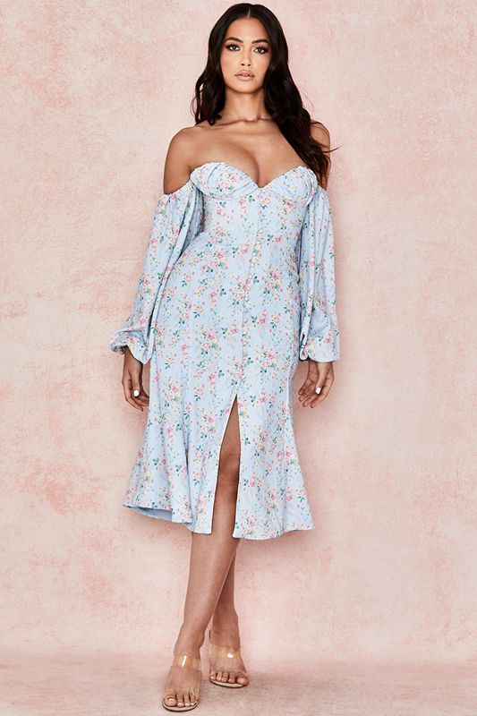 Peignoir House Of Cb Floral Bardot Midi Bleu | RZF-965840