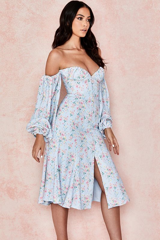 Peignoir House Of Cb Floral Bardot Midi Bleu | RZF-965840