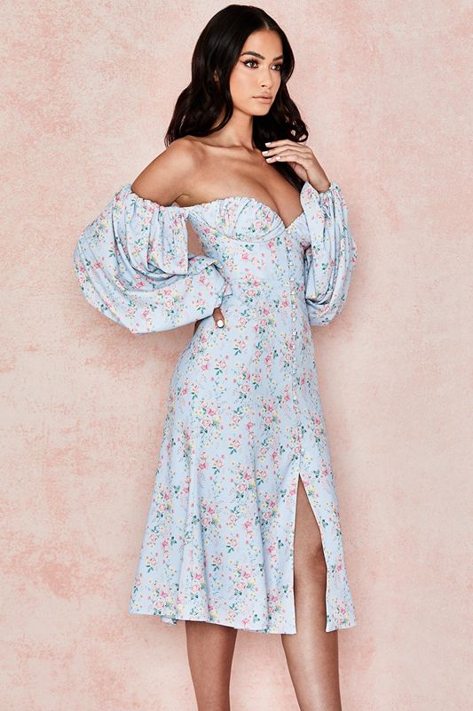 Peignoir House Of Cb Floral Bardot Midi Bleu | RZF-965840