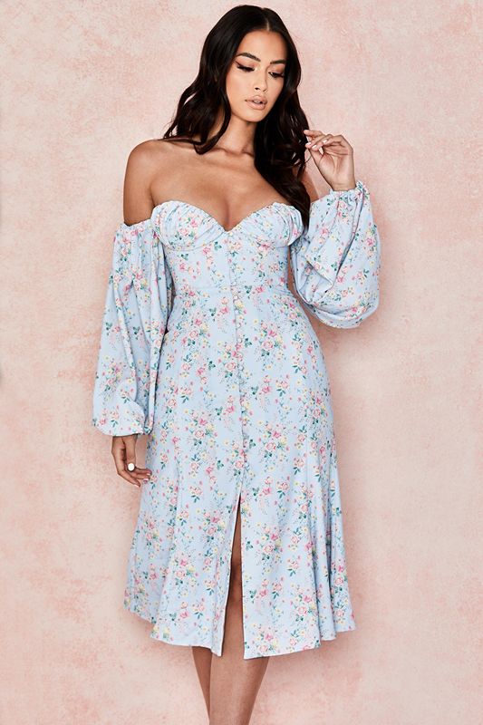 Peignoir House Of Cb Floral Bardot Midi Bleu | RZF-965840