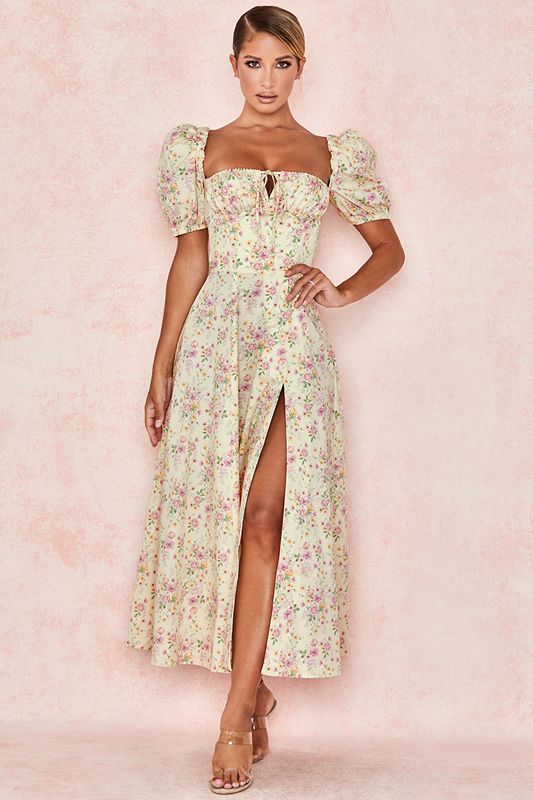 Peignoir House Of Cb Floral Puff Sleeve Midi Citron | LFQ-319465