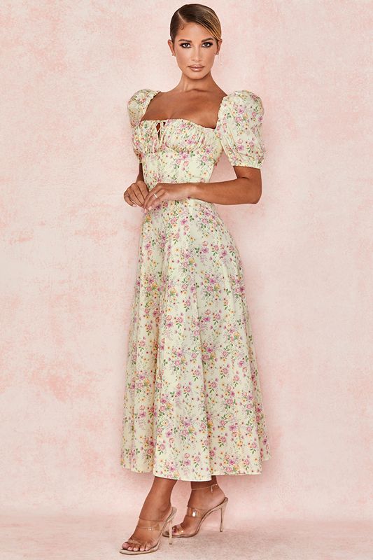 Peignoir House Of Cb Floral Puff Sleeve Midi Citron | LFQ-319465