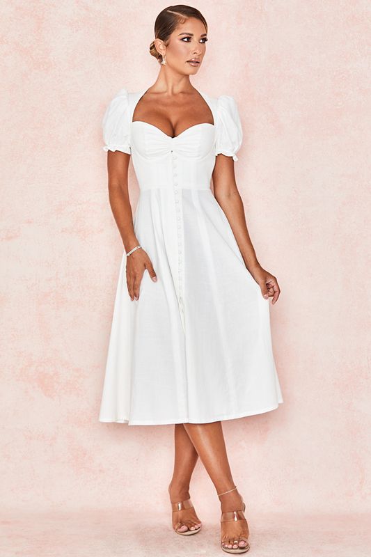 Peignoir House Of Cb Linen Blend Puff Sleeve Midi Blanche | FRC-592340