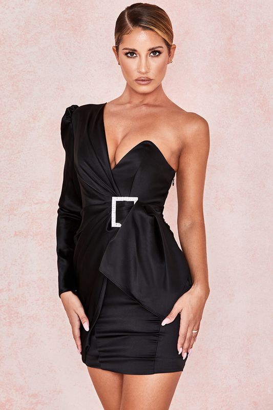 Peignoir House Of Cb One Shoulder Draped Satin Noir | XTY-792138