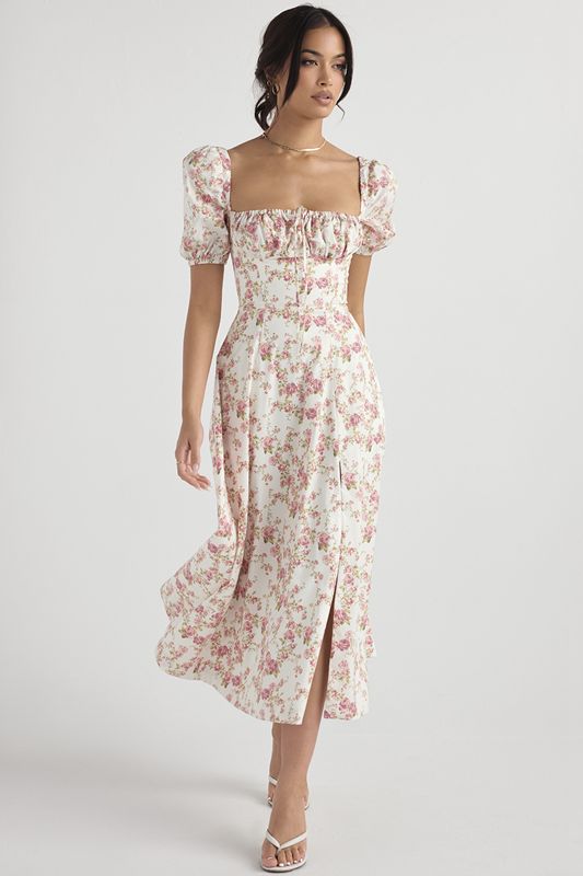 Peignoir House Of Cb Print Puff Sleeve Midi Rose | DTE-947253