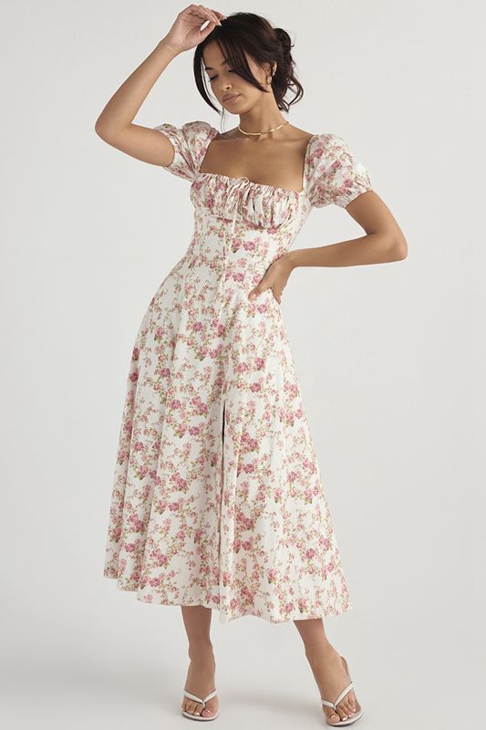 Peignoir House Of Cb Print Puff Sleeve Midi Rose | DTE-947253